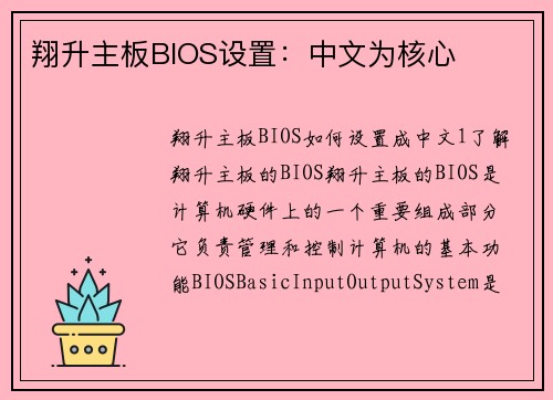 翔升主板BIOS设置：中文为核心